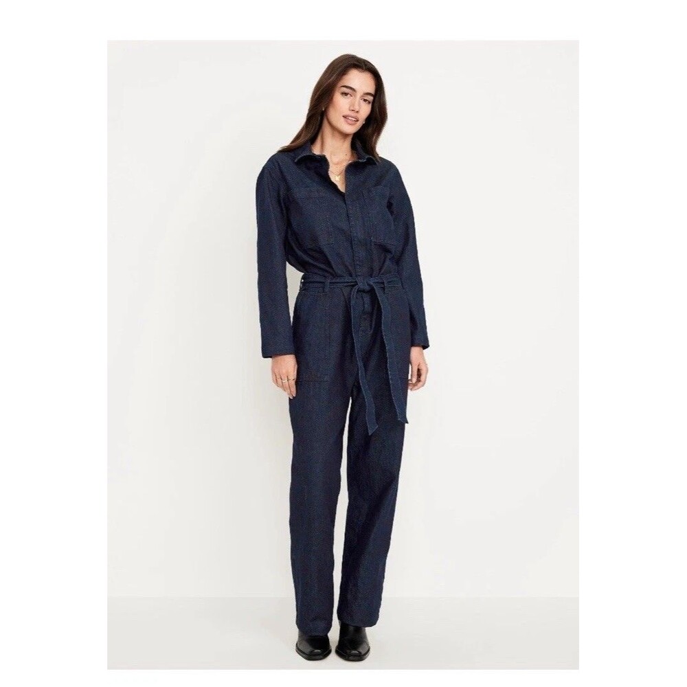 Women's‎ Long-Sleeve Dark Blue Zip Front Belted Denim Jumpsuit Size S